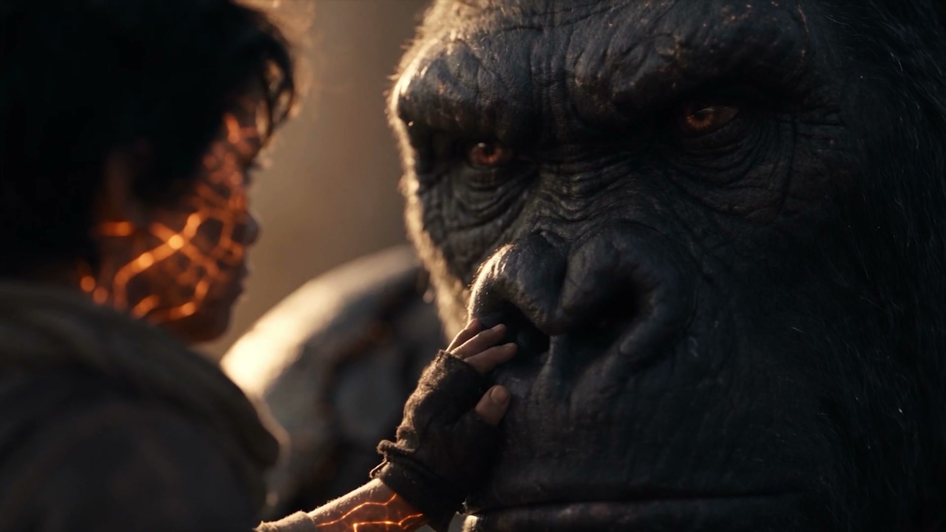 Child with glowing circuits touches the face of a great ape