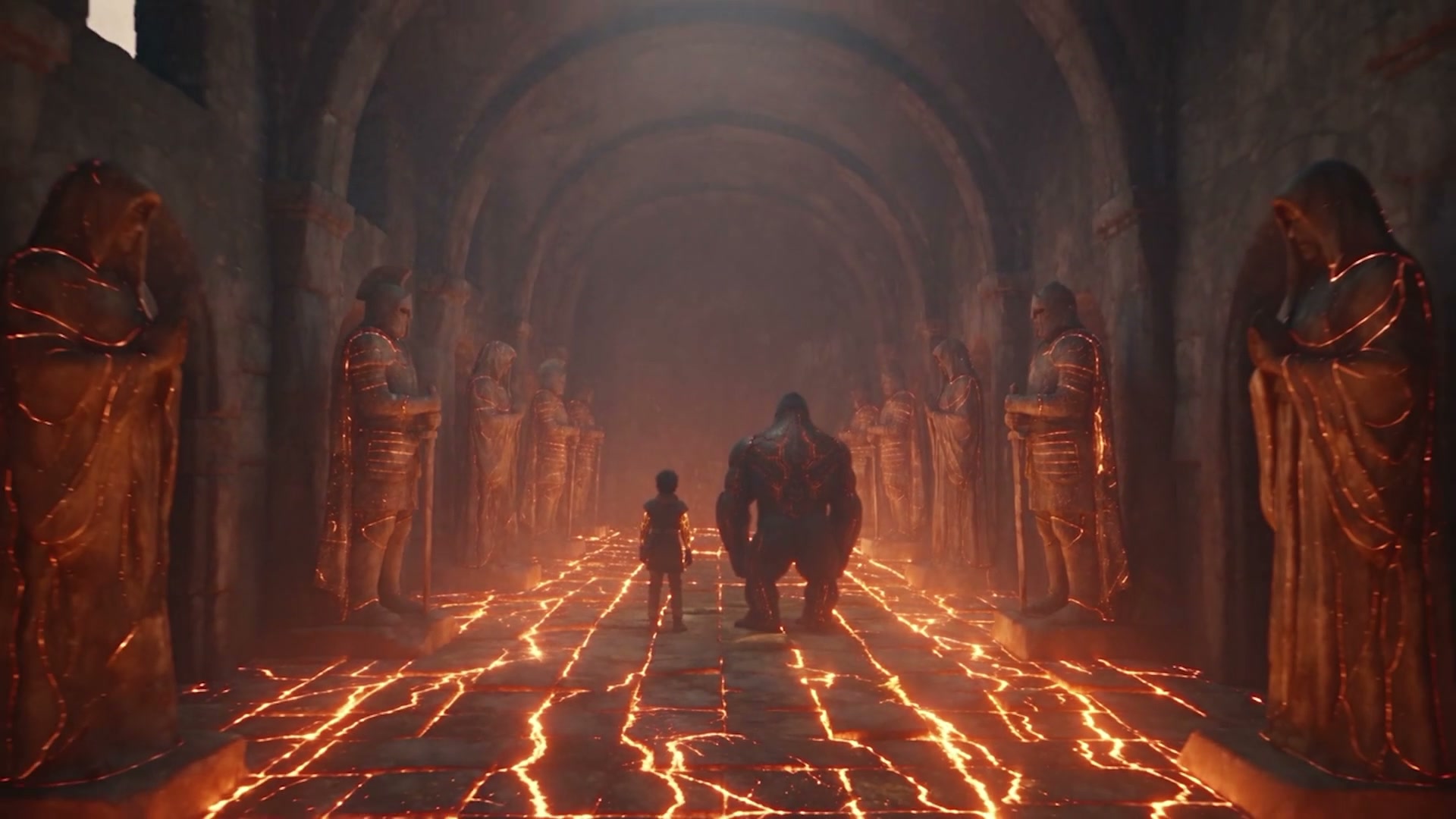 Child and ape walk a hall lined with glowing statues