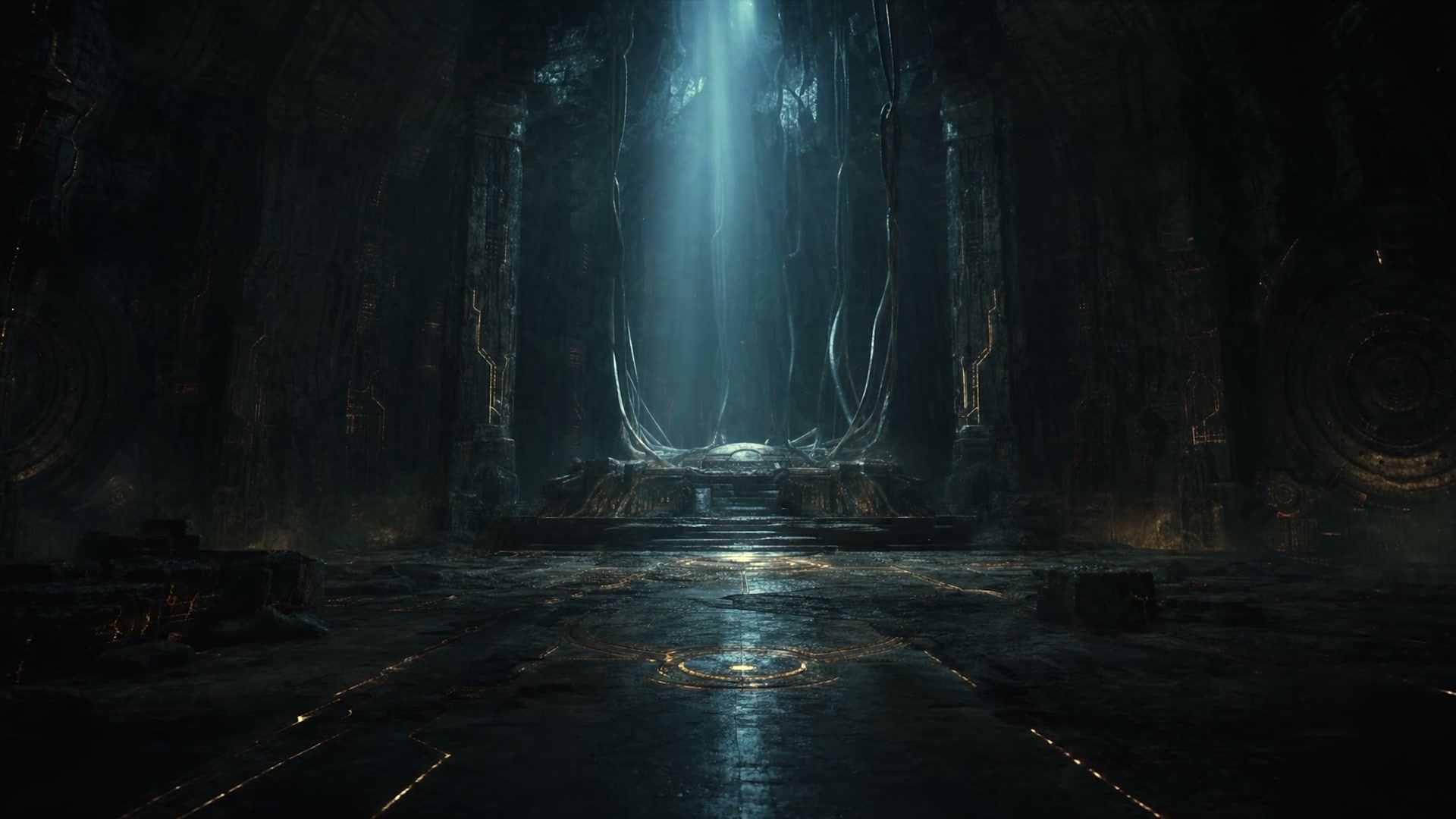 Vast chamber with hanging roots and circuit light