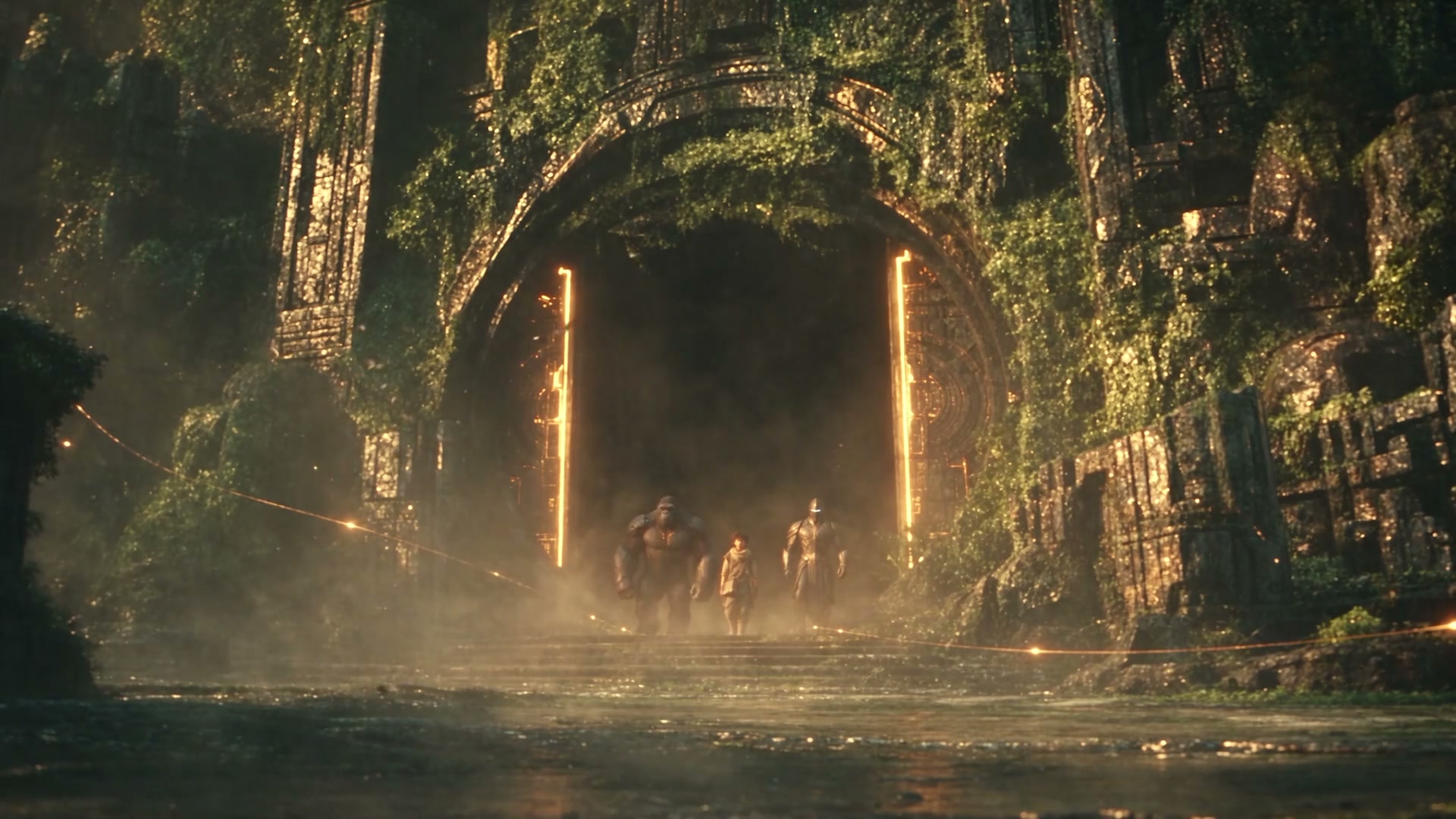 Three figures approach a glowing carved gate in the jungle