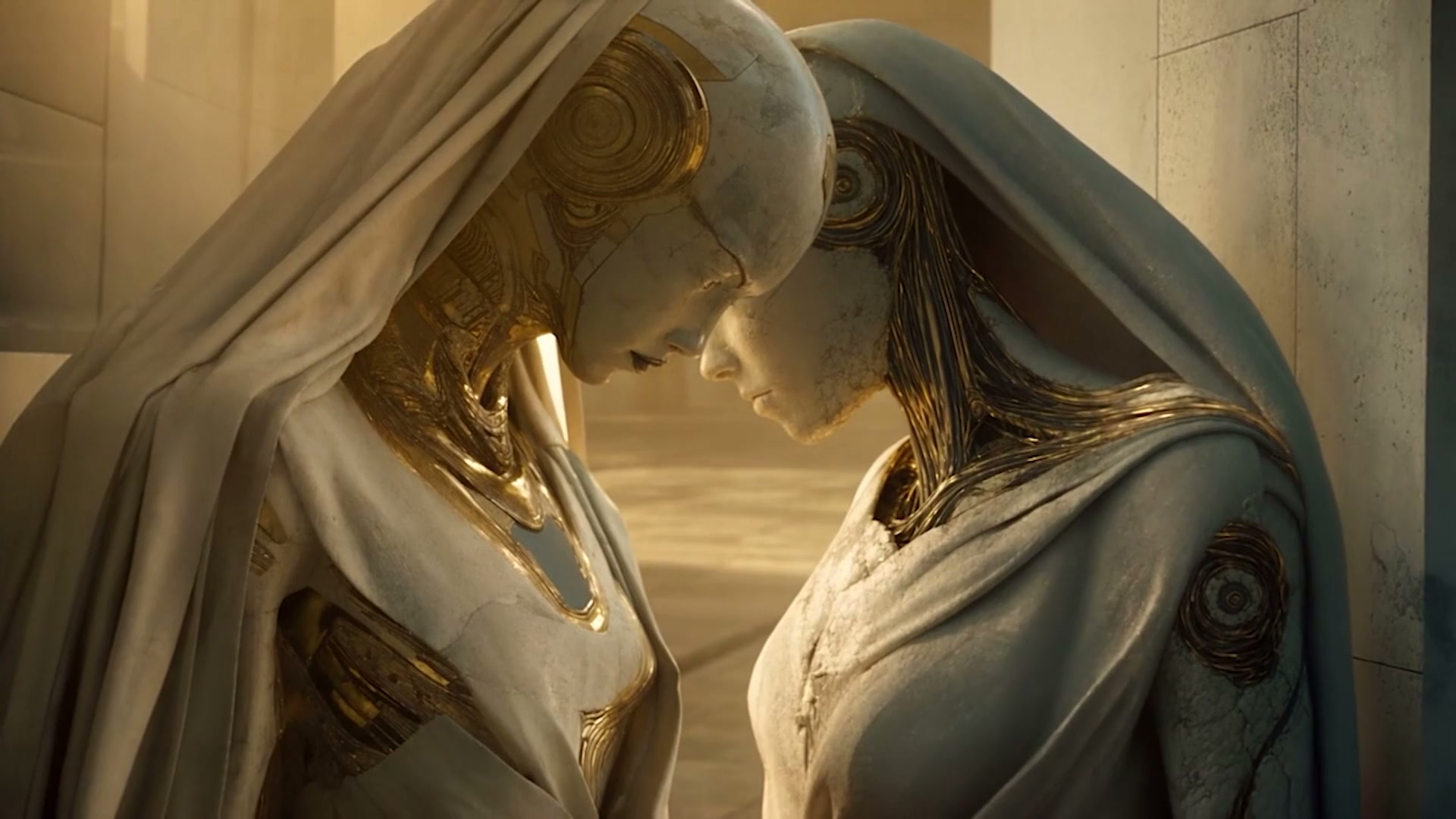 Two angelic figures leaning forehead to forehead
