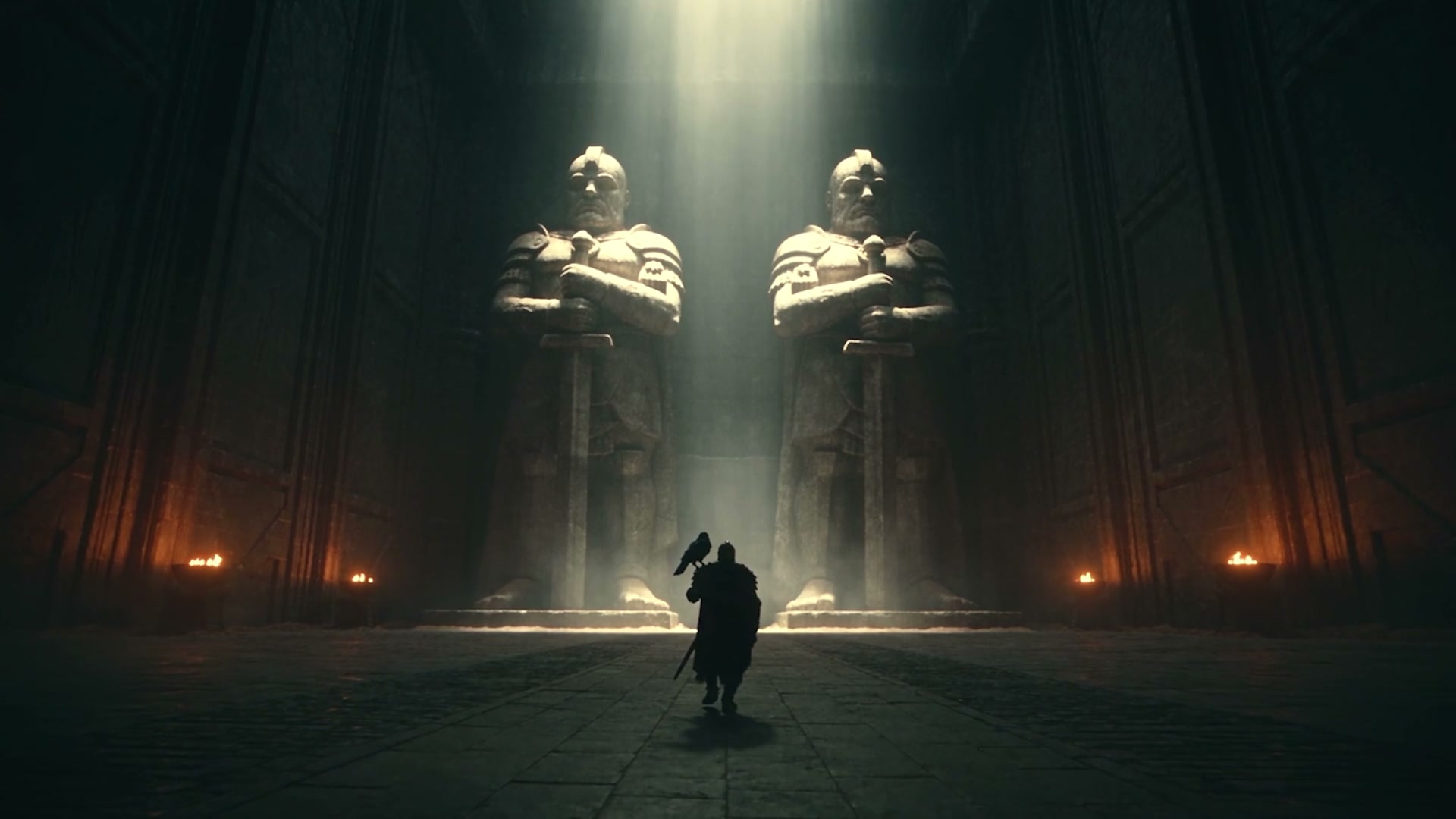 Lone figure with a raven approaches twin stone guardians