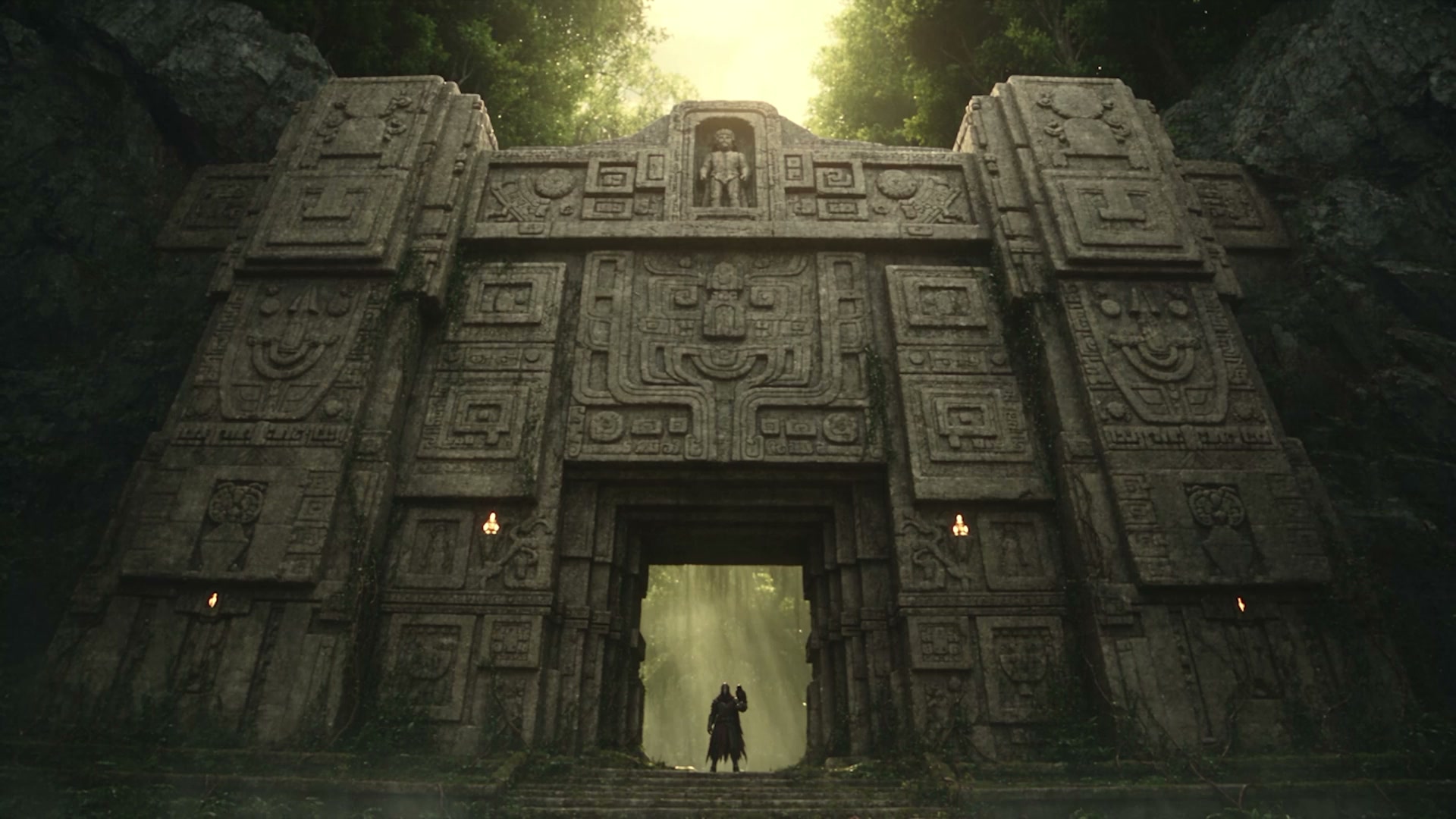 Figure stands before a carved temple gateway in the jungle