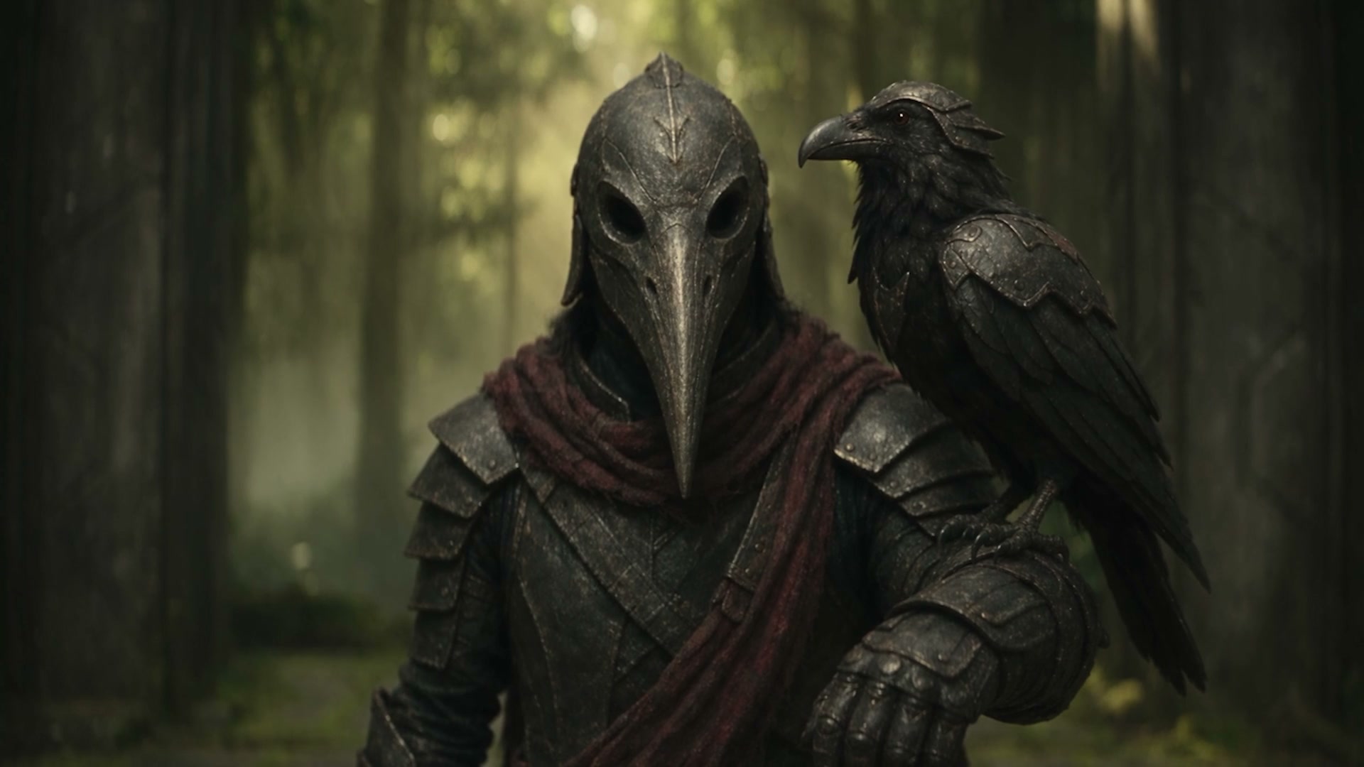 Beaked helmet knight with a raven on the shoulder